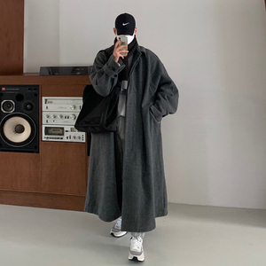 碧舍韩版潮流宽松男士大衣慵懒风翻领外套百搭ins长款毛呢大衣男