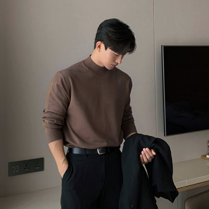 碧舍男士套头圆领半高领毛衣打底衫纯色韩版秋冬新款潮流简约高档