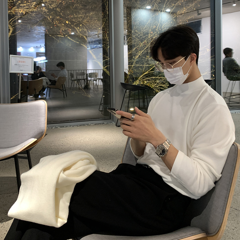 碧舍秋冬新款男士半高领加厚纯棉加绒打底衫百搭简约内搭韩版T恤