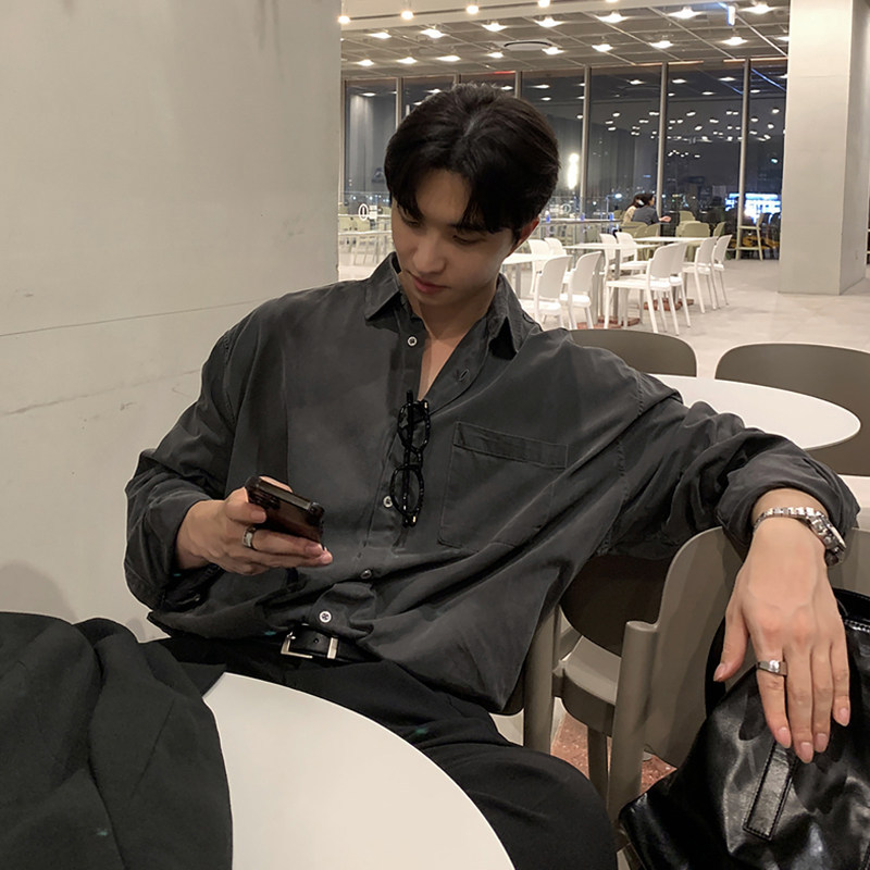 碧舍韩版新款男装休闲帅气高级感宽松尖领衬衫潮流百搭打底衬衣