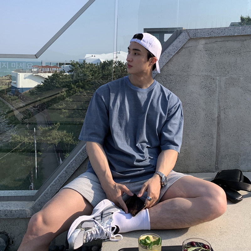 碧舍韩版潮t重工做旧水洗牛仔蓝轻熟简约阔版落肩五分短袖T恤青年