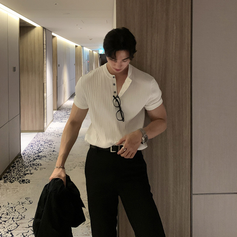 碧舍夏季新款纯色亨利领针织衫短袖透气ins韩版高级纹理感弹力T恤