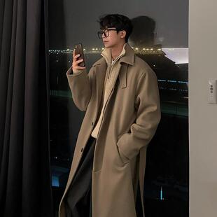 碧舍韩版翻领大衣宽松英伦风中长款男士呢子外套休闲上衣单排扣潮