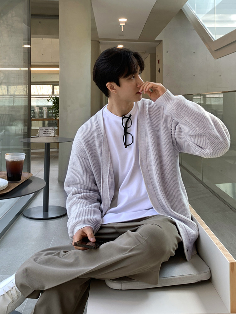 BISHE 봄 가디건 짧은 다목적 루즈 V 넥 하이 엔드 탑 캐주얼 한국식 남성용 울 니트 재킷