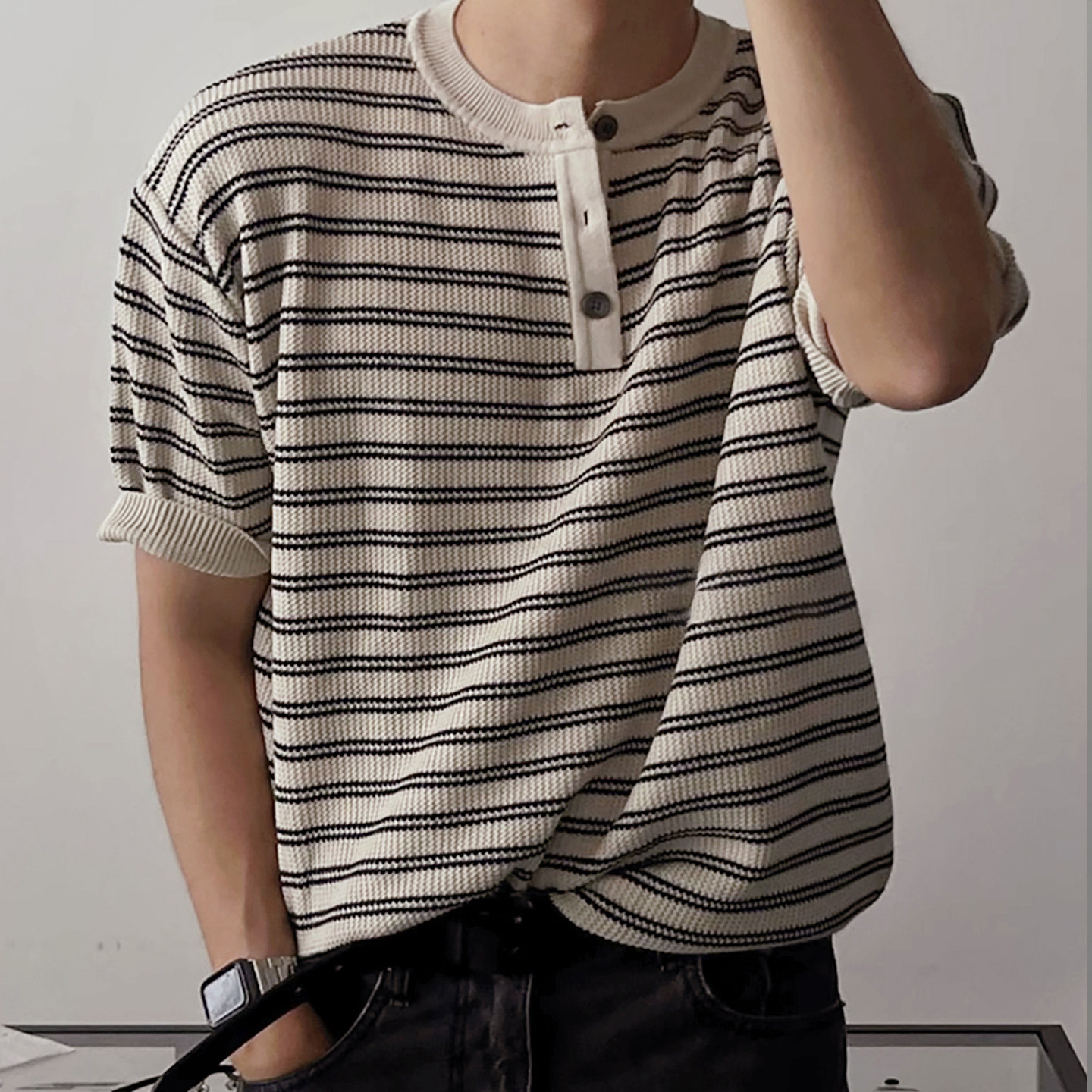 碧舍韩版潮流夏季薄款针织衫宽松休闲舒适条纹冰丝T恤透气简约ins