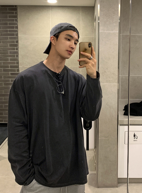 碧舍男士秋冬纯色打底衫韩版潮流宽松T恤灰色做旧百搭ins休闲上衣