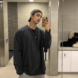 潮流宽松T恤灰色做旧百搭ins休闲上衣 韩版 碧舍男士 秋冬纯色打底衫