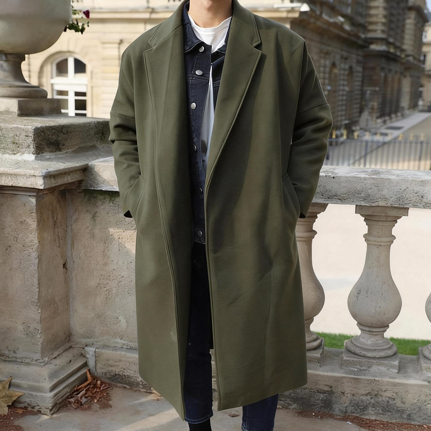 特惠长款大衣男休闲韩版加厚毛呢外套纯色潮流百搭系带款外套冬季