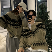 碧舍复古高级感毛衣外套韩版 圆领宽松休闲慵懒针织衫 费尔岛提花潮