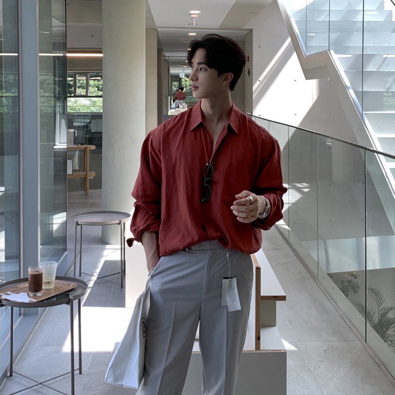 颜色鲜亮长袖衬衫碧舍韩版翻领潮