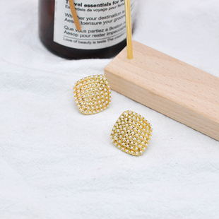 S925银针 韩国梦幻珍珠方形耳钉茶系港式复古耳环网红新款耳饰品