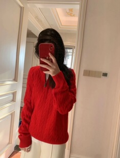 2026秋冬新款 上衣 半拉链麻花毛衣女宽松慵懒风针织衫