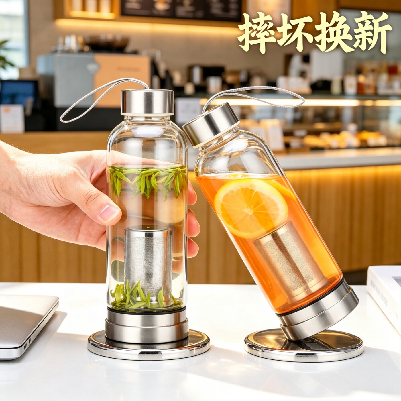 防摔玻璃杯大容量茶水分离杯