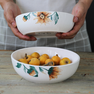 清仓特价 创意陶瓷向日葵深菜盘 沙拉盘盘外贸出口深盘菜盘子