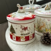 出口原单圣诞系列密封罐蛋糕盘饼干罐零食带盖陶瓷密封罐送人礼物