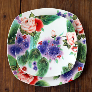 紫色梦幻精美花卉陶瓷盘子不规则盘西餐美食蛋糕盘热炒冷菜盘子