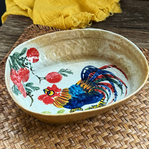 景德镇手作粗陶收捏不规则长方深盘菜盘子手绘南瓜图案陶瓷餐具