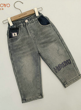 皇室童缘5410350019冬季左侧脚口紫色字母加绒牛仔裤80-120码小童