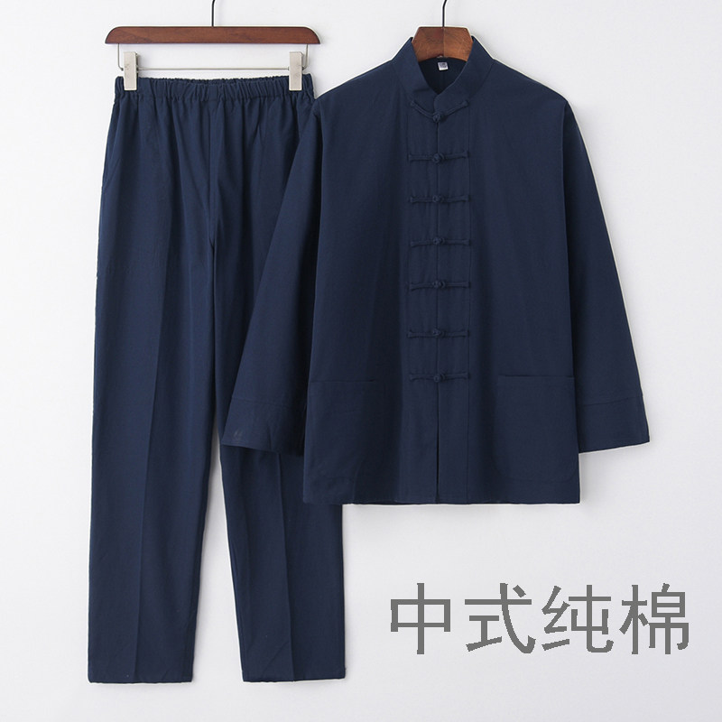 唐装男春秋中式长袖套装纯棉老粗布爸爸装禅袖茶服一体肩连肩外套