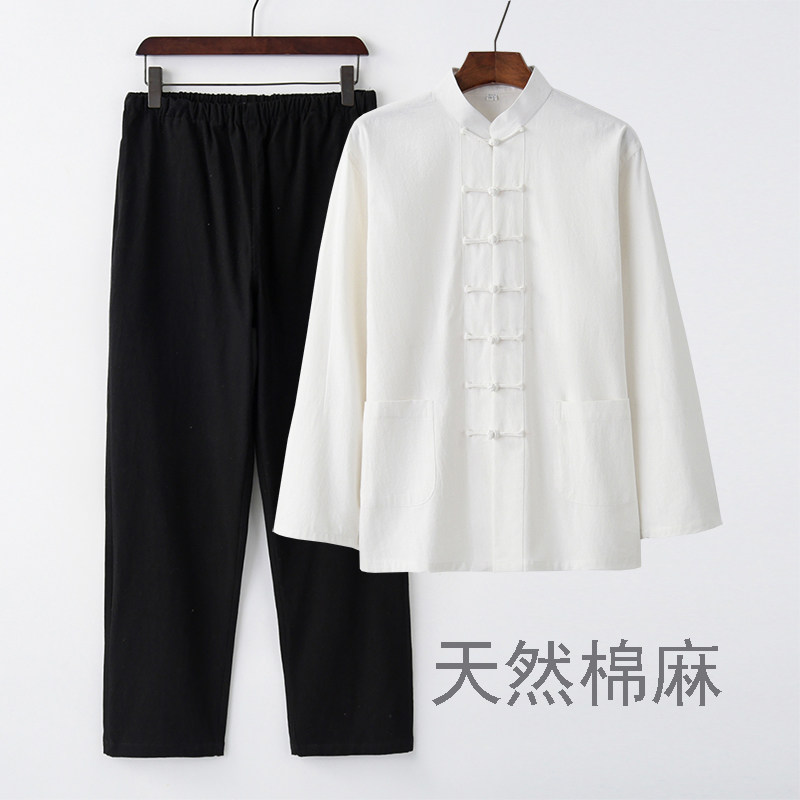 棉麻唐装男长袖套装青年男装中式复古衬衫中老年茶服禅修居士服