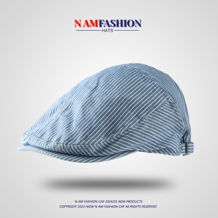 直条纹复古棉质前进帽女鸭舌帽日系休闲薄款贝雷帽子潮男夏天韩版