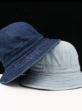 牛仔复古水洗做旧纯色渔夫帽黑色春夏潮做旧牌韩版日系遮阳盆帽