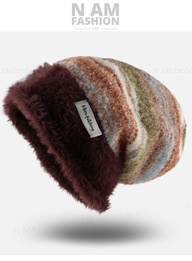 彩虹毛线帽女新款时尚秋冬保暖毛绒堆堆帽子女护耳大头围针织帽