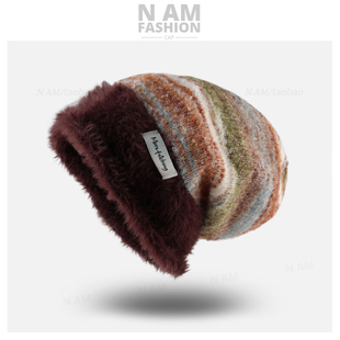 彩虹毛线帽女新款时尚秋冬保暖毛绒堆堆帽子女护耳大头围针织帽