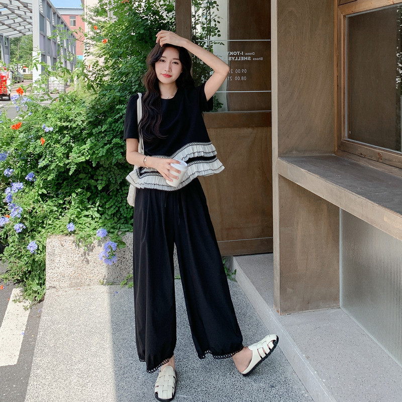 花边拼接上衣阔腿裤套装女夏2025新款韩版高级感减龄气质两件套,女装套装/套裙,2C191