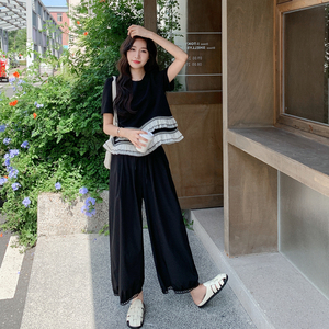花边拼接上衣阔腿裤套装女夏2025新款韩版高级感减龄气质两件套图片