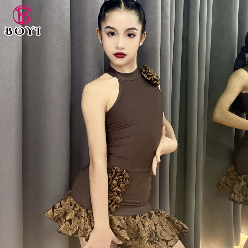 博翼拉丁舞服女儿童套装少儿专业训练功表演出无袖提花春夏