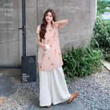 新中式国风套装女2025夏季新款独特漂亮印花上衣宽松阔腿裤两件套，女装套装/套裙，2C010