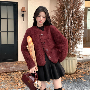 红色短款小香风羊羔毛外套女2024冬季新款法式气质小个子加厚棉服图片