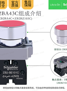 施耐德 XB2BA43C =ZB2BZ103C+ZB2BA4C 平头按钮开关红色2常开触点