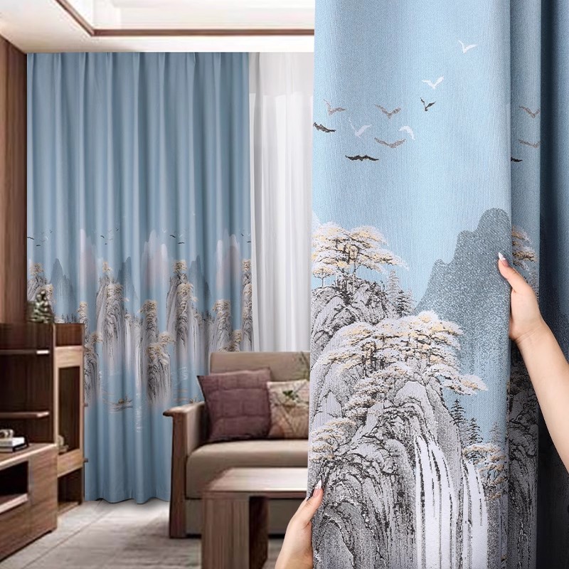 中式山水麻料色织提花遮光窗帘