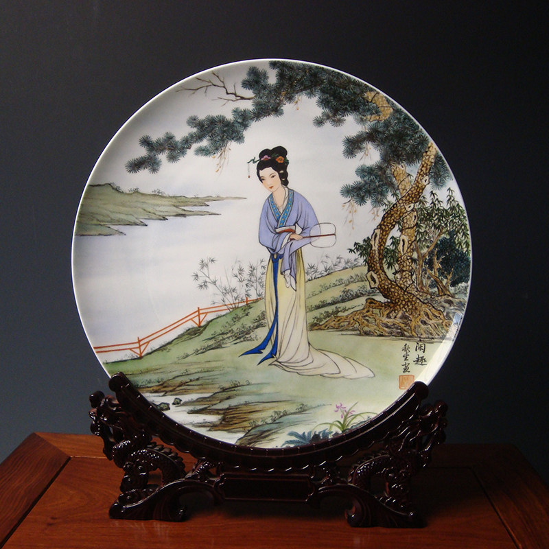 景德镇陶瓷名家王秋生手绘人物美女艺术装饰画看盘挂盘瓷盘子摆件