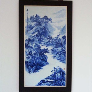 饰画 景德镇陶瓷器名家大师手绘瓷板画玄关壁画屏风竖版 青花山水装