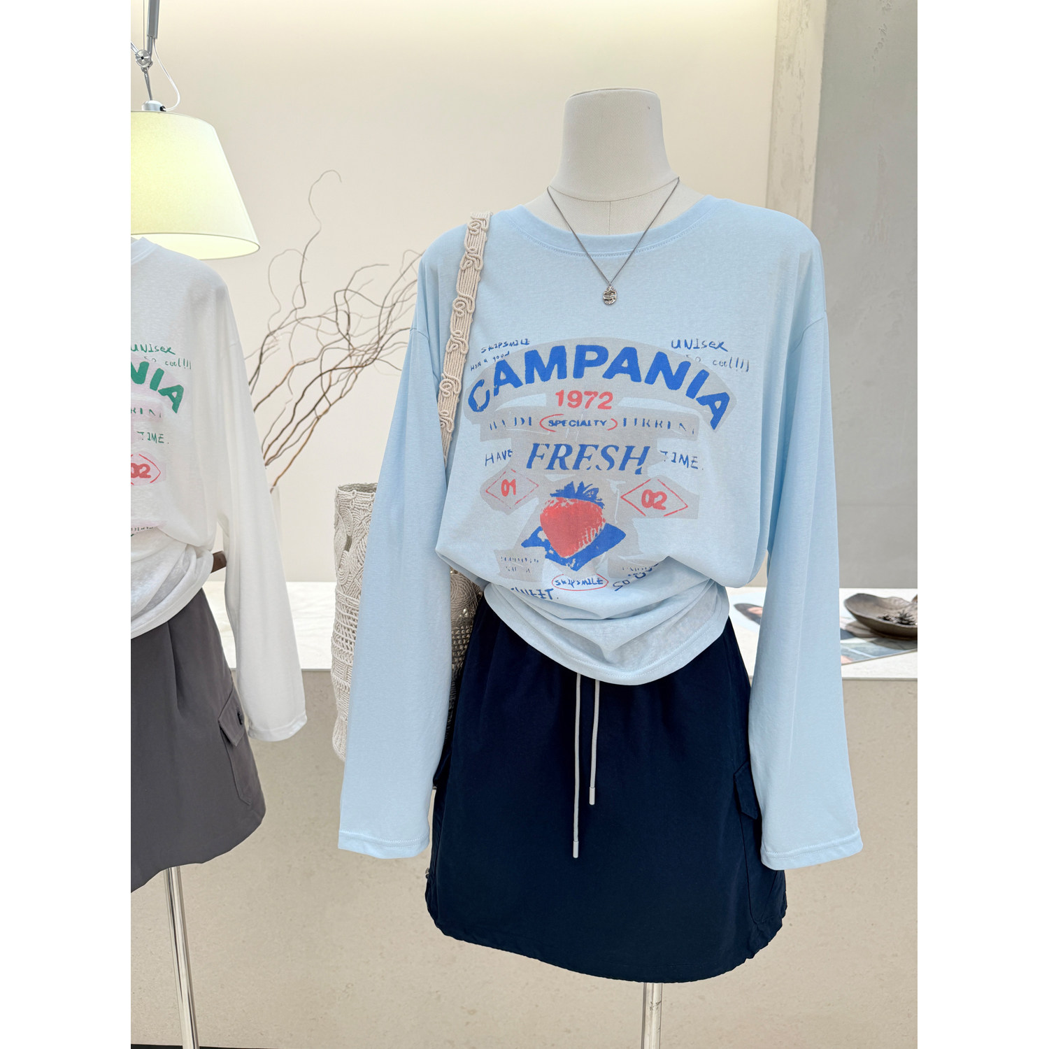 小哲 韩系字母印花长袖T恤女夏季宽松显瘦薄款防晒衫蓝色圆领上衣