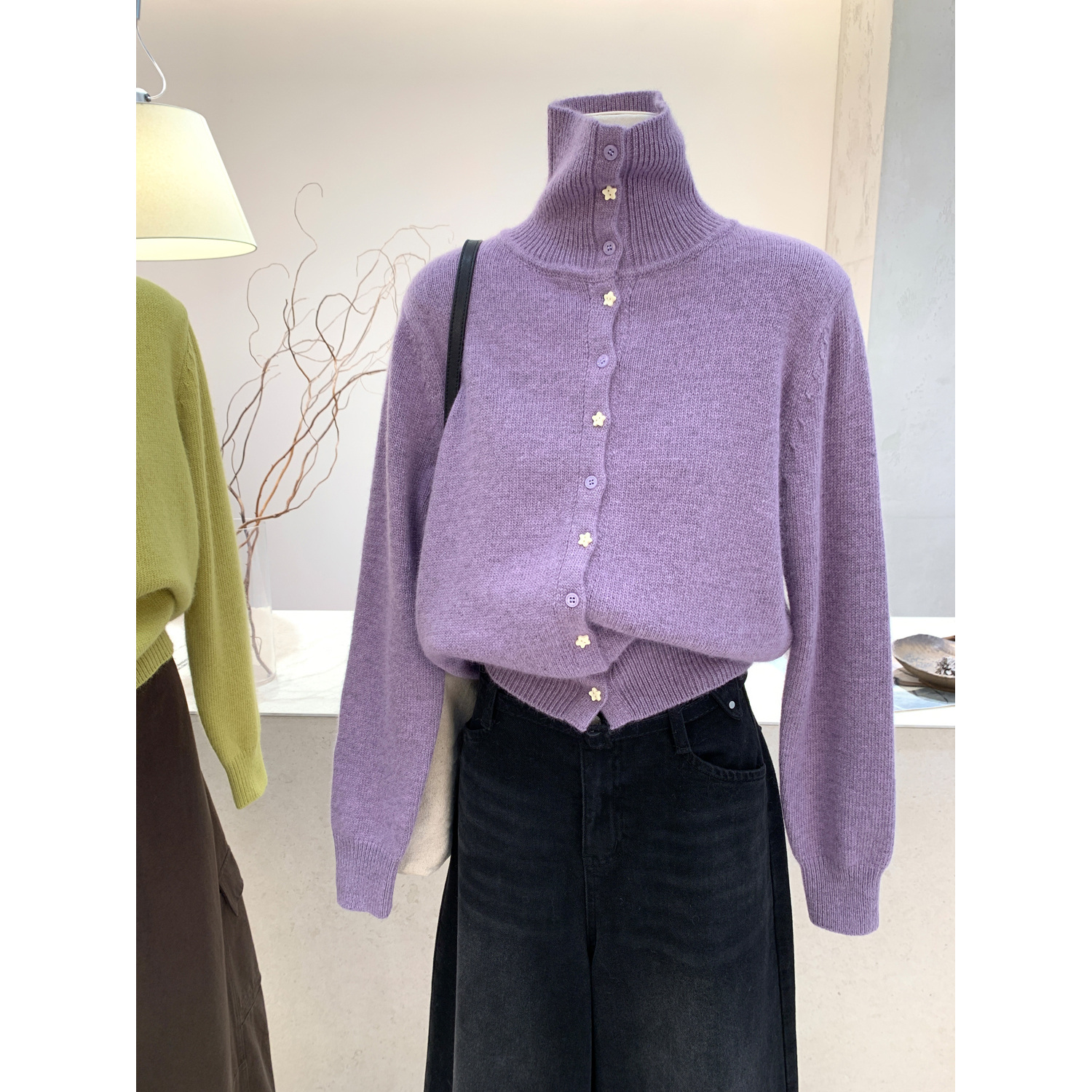 韩系高领长袖针织软糯开衫毛衣女