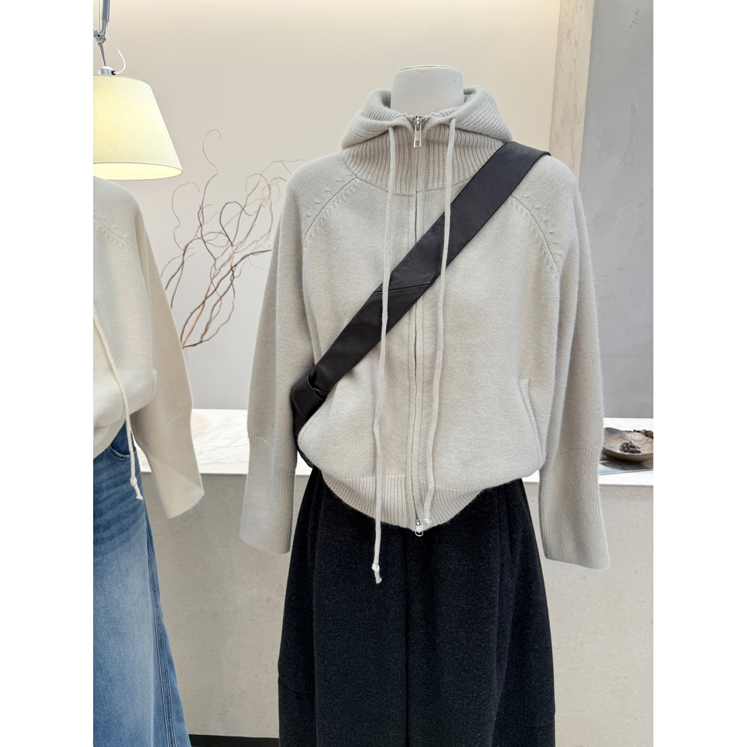 韩系连帽双拉链长袖针织开衫毛衣