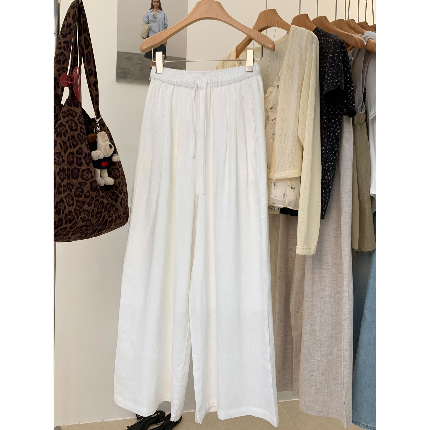 小哲 韩系松弛感棉麻高腰阔腿裤女夏薄款百搭休闲抽绳慵懒风长裤