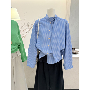 女宽松气质高级感长袖 设计感飘带立领竖条纹衬衫 衬衣 韩版 小哲