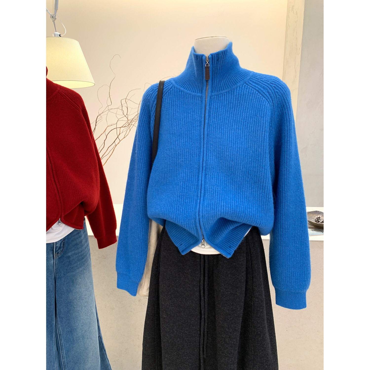 韩系双拉链高领针织开衫女上衣