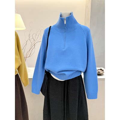 韩系半拉链高领插肩袖针织衫毛衣