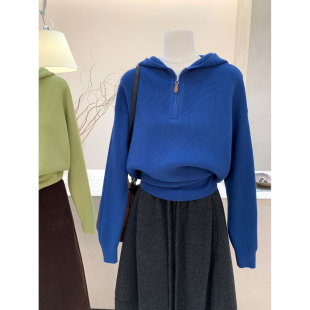 慵懒风上衣 半拉链连帽毛衣女软糯套头细坑条螺纹针织衫 小哲 韩版