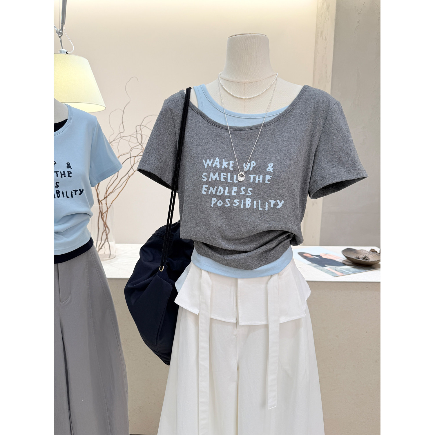 小哲 复古风假两件短袖T恤女夏季宽松设计感字母印花显瘦百搭上衣