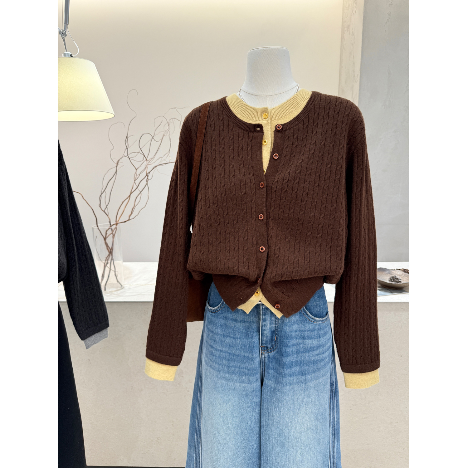 韩系假两件拼接针织开衫宽松毛衣