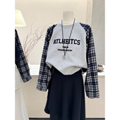 宽松格子拼接插肩袖 小哲 韩版 假两件卫衣女圆领字母印花显瘦上衣