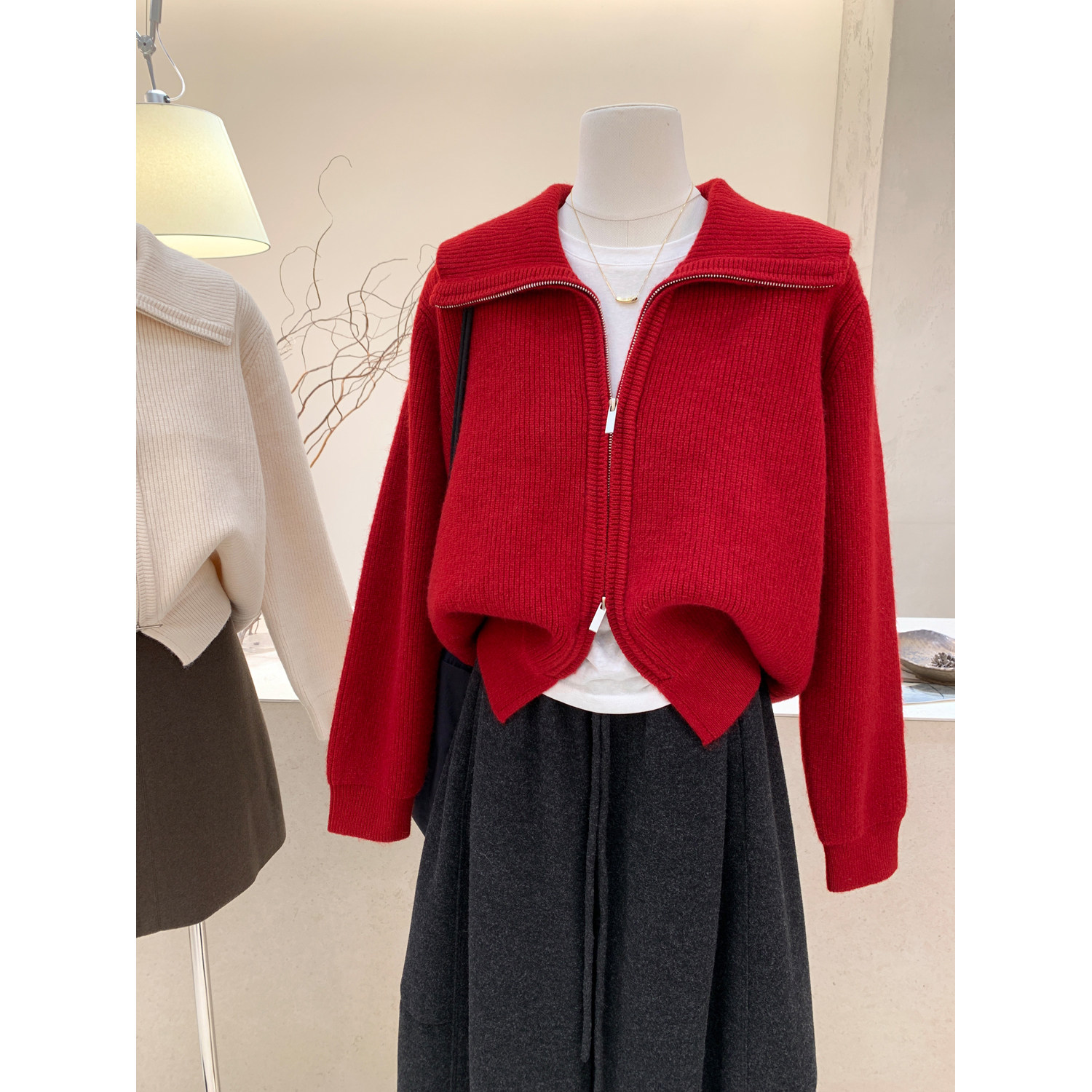 韩版大翻领双拉链针织开衫毛衣