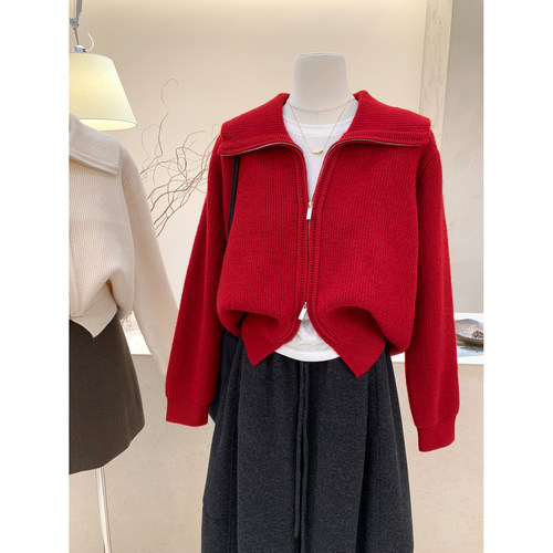 韩版大翻领双拉链针织开衫毛衣